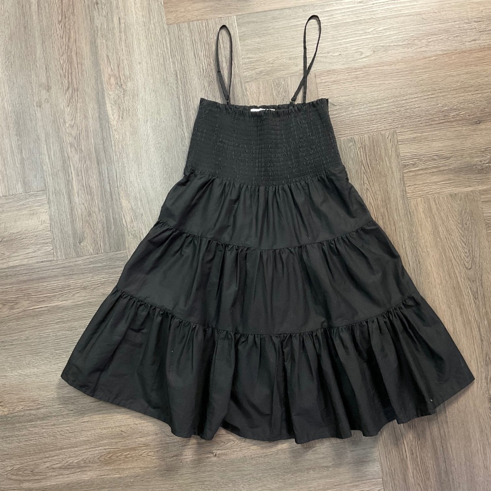 Steve Madden Boho Cottagecore Cotton Smocked Tiered Mini Dress Womens XS Black
